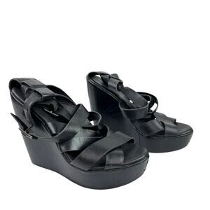 Kork-Ease Hailey Women's Wedge Sandals 7 Black Leather Crisscross Double Buckle